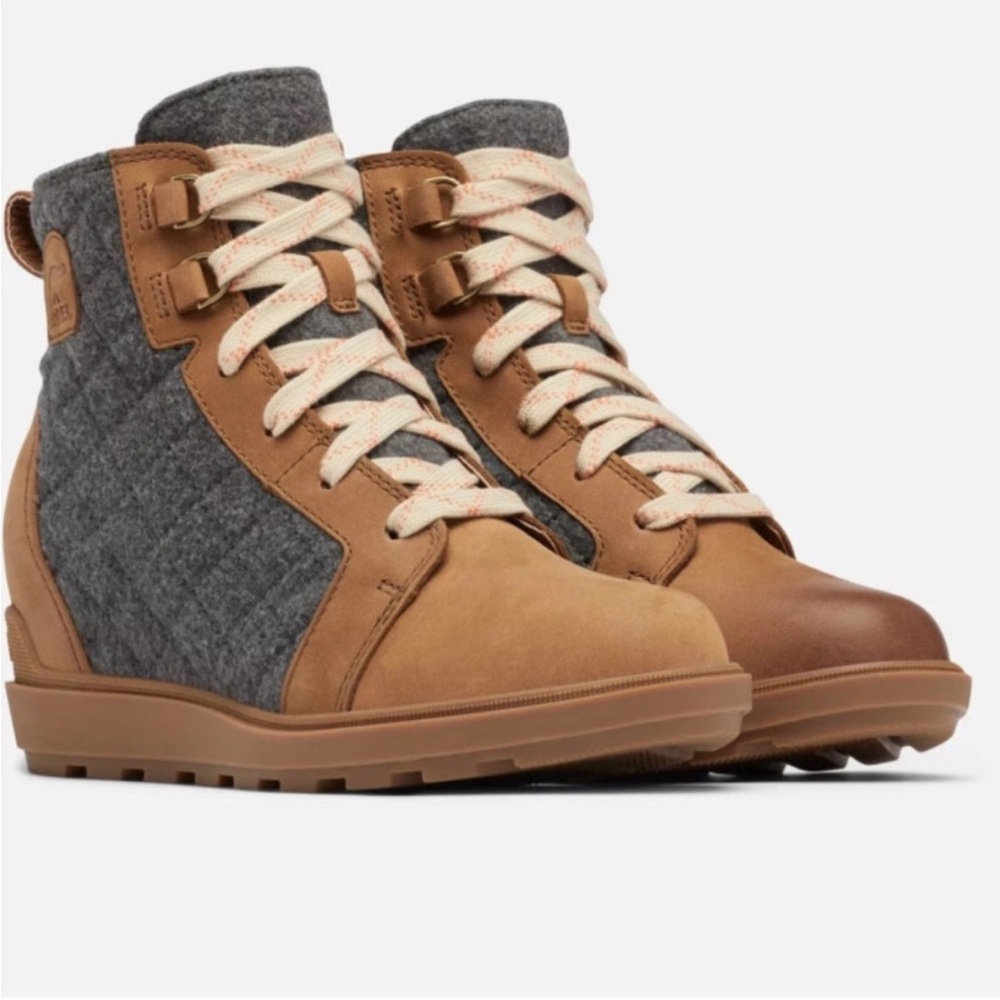 Sorel Women's Wedge Bootie Evie II NW Lace Up-Velvet Tan/Gum, SIZE 7 US